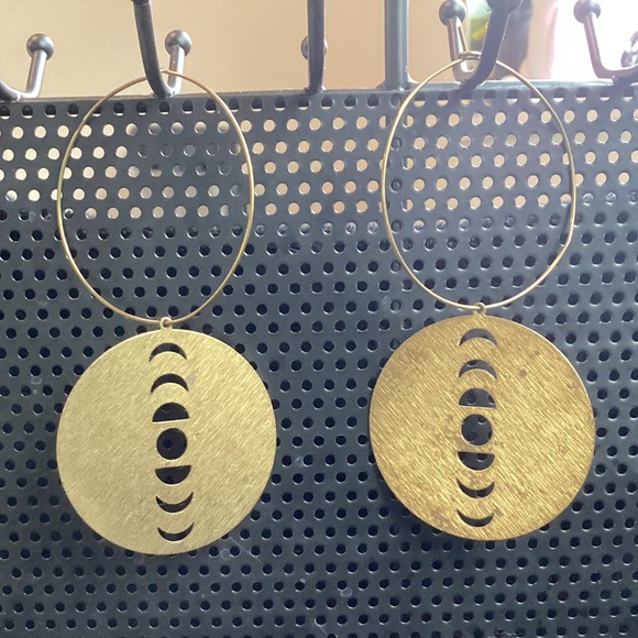 Brass Hoop Moon Phase Earrings - Picture 1 of 2